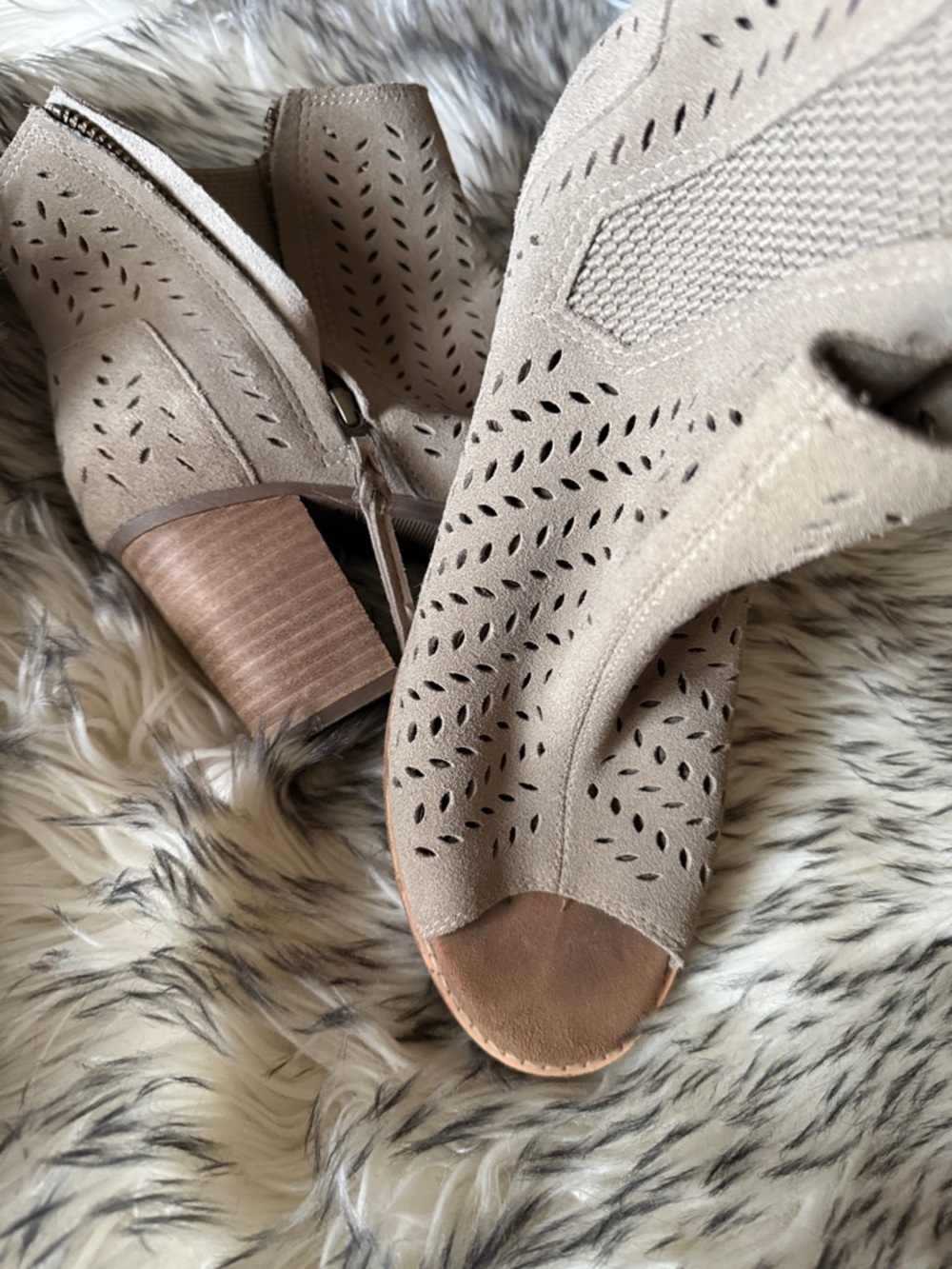 Toms Taupe Laser-Cut Peep Toe Block Heel Mules